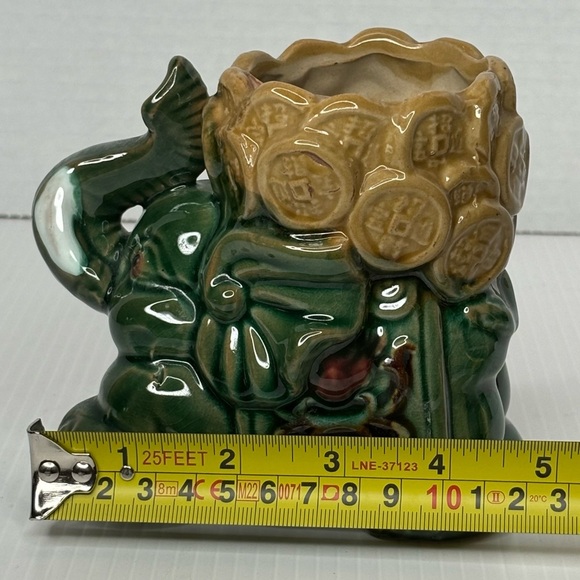 Good Luck Forest green Trunk Up Elephant With beige Coin Basket Planter 5” - Picture 8 of 9